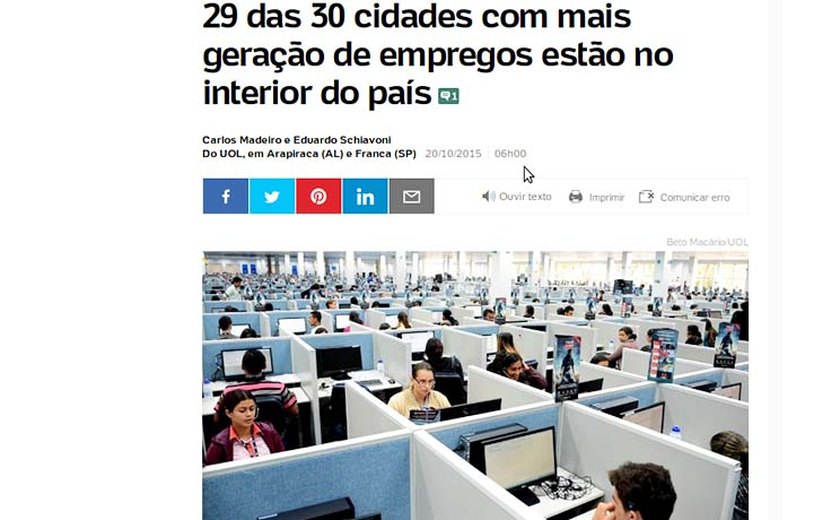 Site UOL destaca geração de empregos em Arapiraca