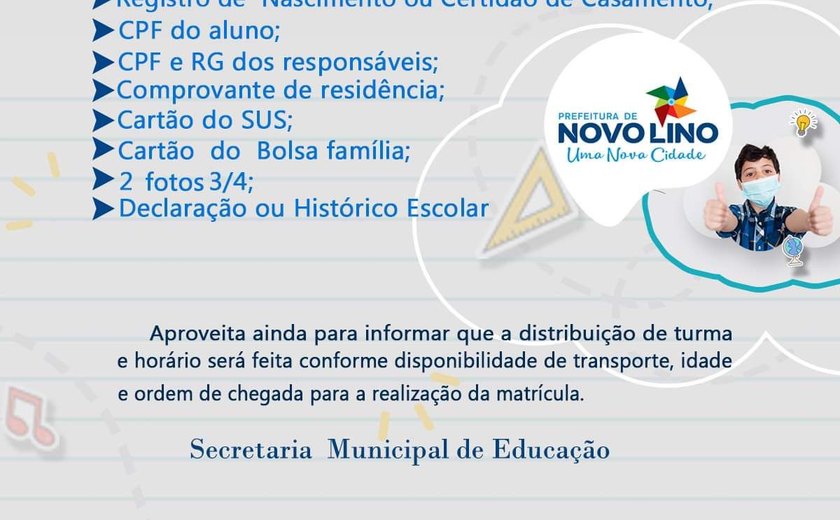 Secretaria de Educação de Novo Lino inicia na segunda matrículas na rede municipal de ensino