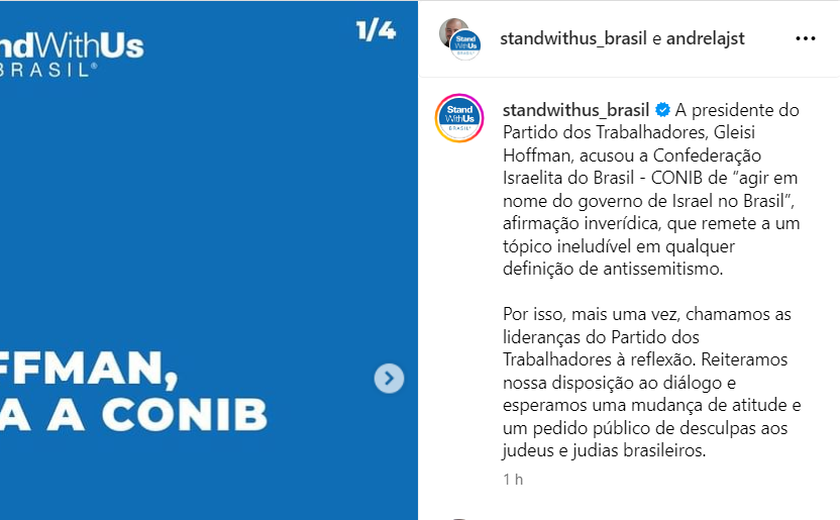 StandWithUs Brasil repudia falas de Gleisi Hoffmann Contra a CONIB: acusações rotuladas como antissemitas