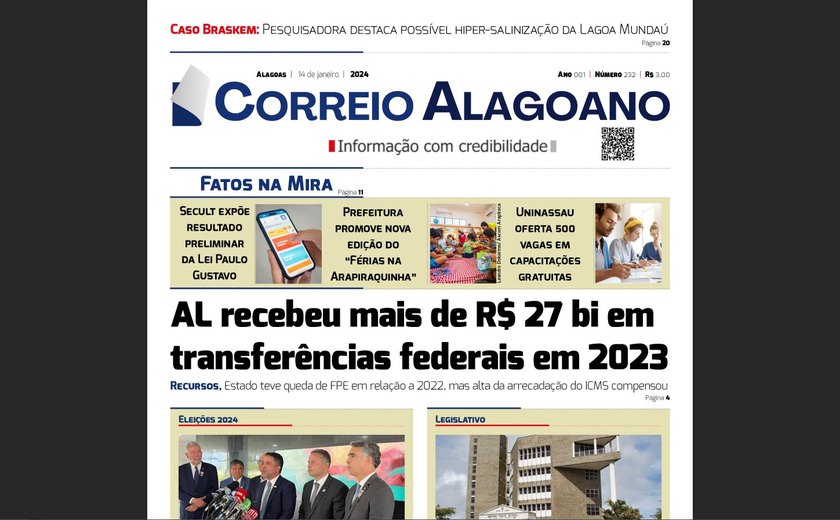 AL recebeu mais de R$ 27 bi em transferências federais em 2023