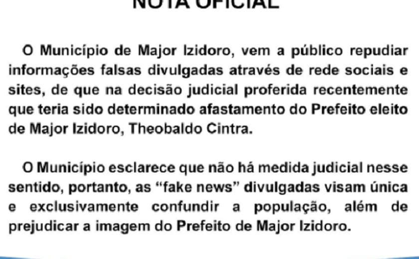 Município de Major classifica como ‘fake news’ notícias sobre afastamento do prefeito Theobaldo Cintra do cargo