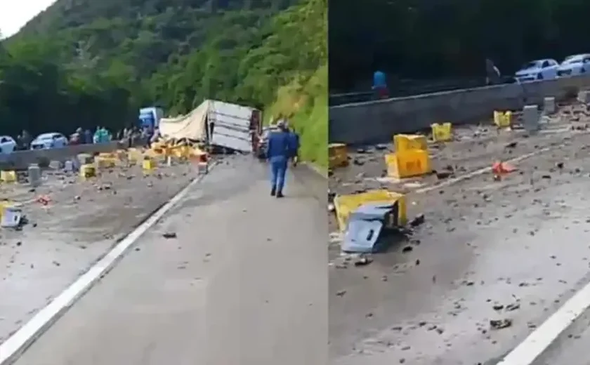 Carreta carregada com cerveja tomba e causa lentidão entre Flexeiras e Joaquim Gomes