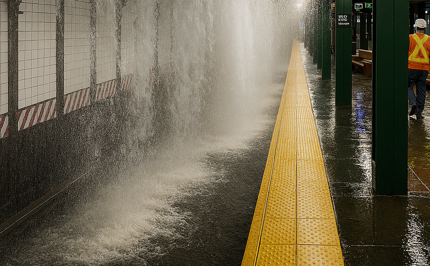 Chuva alaga ruas e água invade estação de metrô em Nova York