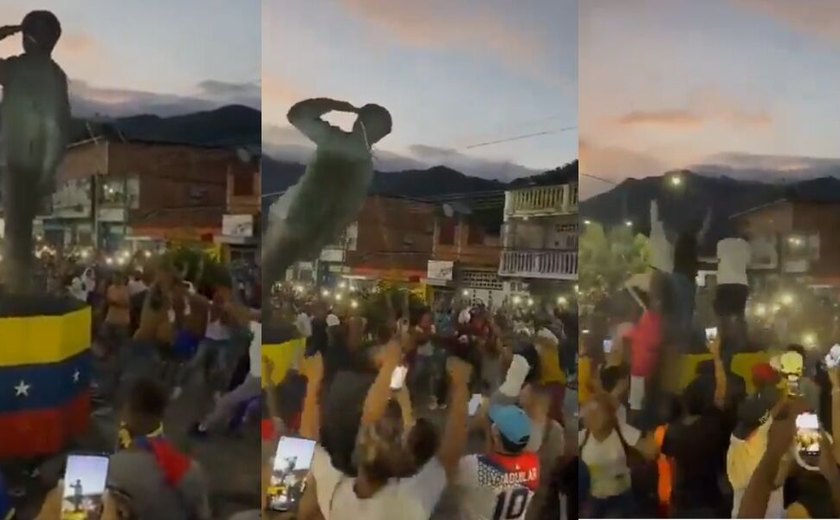 Manifestantes derrubam ao menos cinco estátuas de Chávez durante protestos contra reeleição de Maduro na Venezuela; veja vídeos
