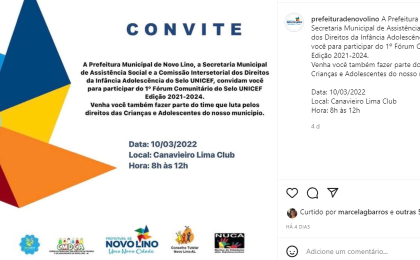Prefeitura de Novo Lino promove 1º fórum comunitário do Selo Unicef 2021-2024 nesta quinta, 10