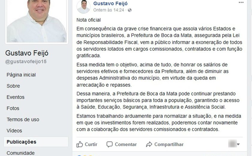 Prefeito exonera servidores comissionados e contratados de Boca da Mata, AL