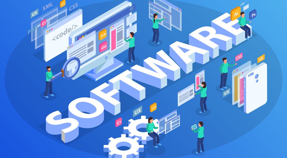 1904.i402.013..Web development isometric concept composition / Foto: <a href="https://br.freepik.com/vetores-gratis/ilustracao-de-composicao-de-conceito-isometrico-de-desenvolvimento-web_13805027.htm#query=software&position=2&from_view=search&track=sph">Imagem de macrovector</a> no Freepik