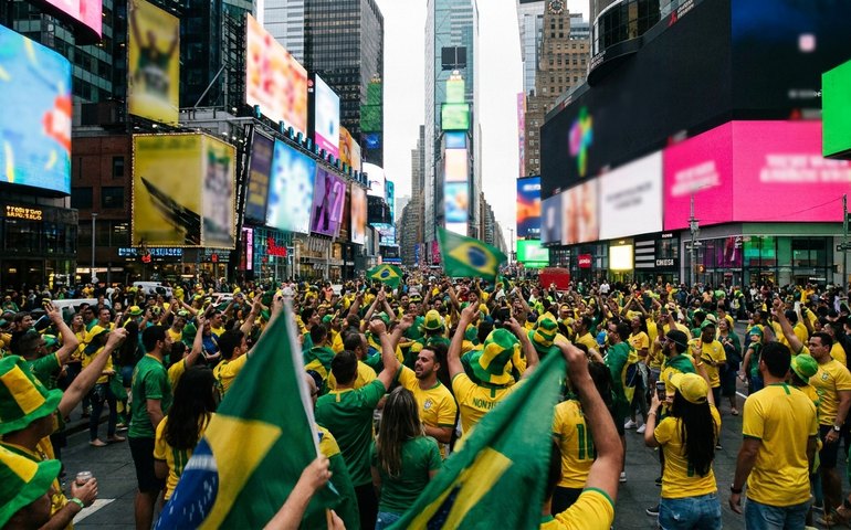 Festa verde-amarela toma a Times Square antes do jogo do Brasil