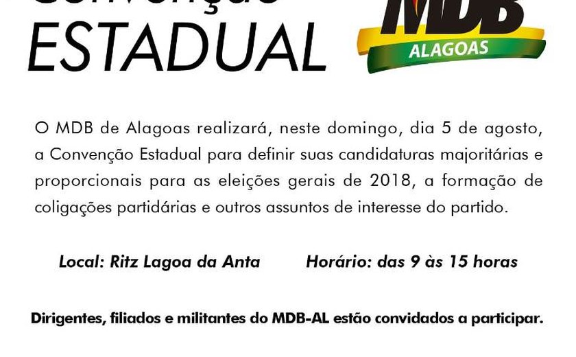 MDB realiza convenção no domingo, 5, para oficializar candidaturas em Alagoas