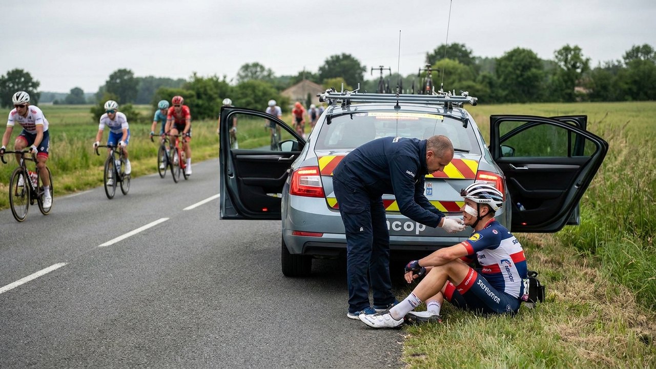 Ciclista leva 20 pontos no rosto após se chocar com carro de apoio durante disputa no Tour de France; vídeo