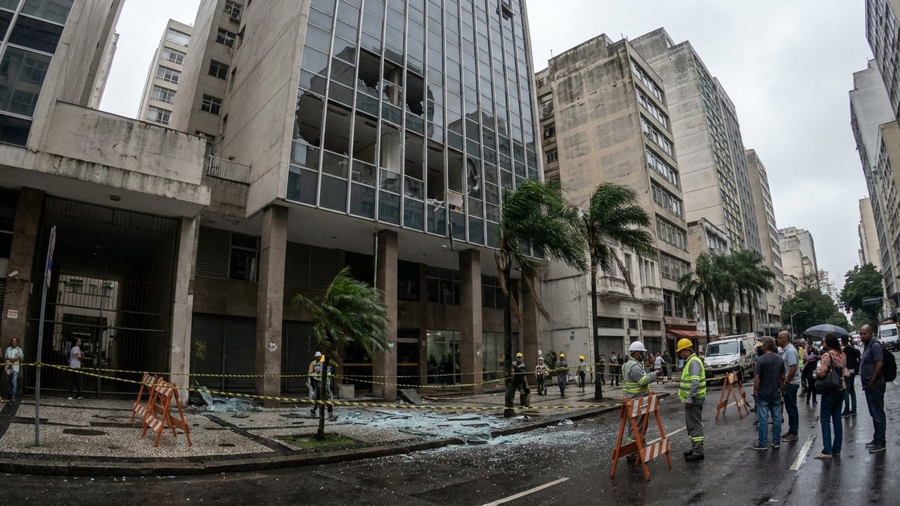 Vidros de janela de prédio no Centro cederam e caíram durante vendaval no Rio