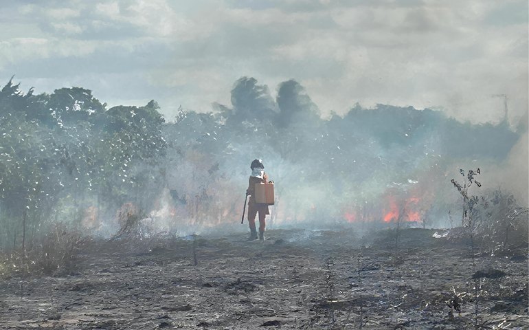 Bombeiros combatem incêndio em vegetação próxima a tubulações da Petrobras