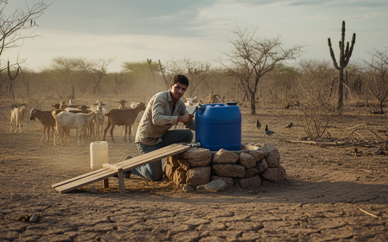 Jovem instala bebedouro para animais em região de seca