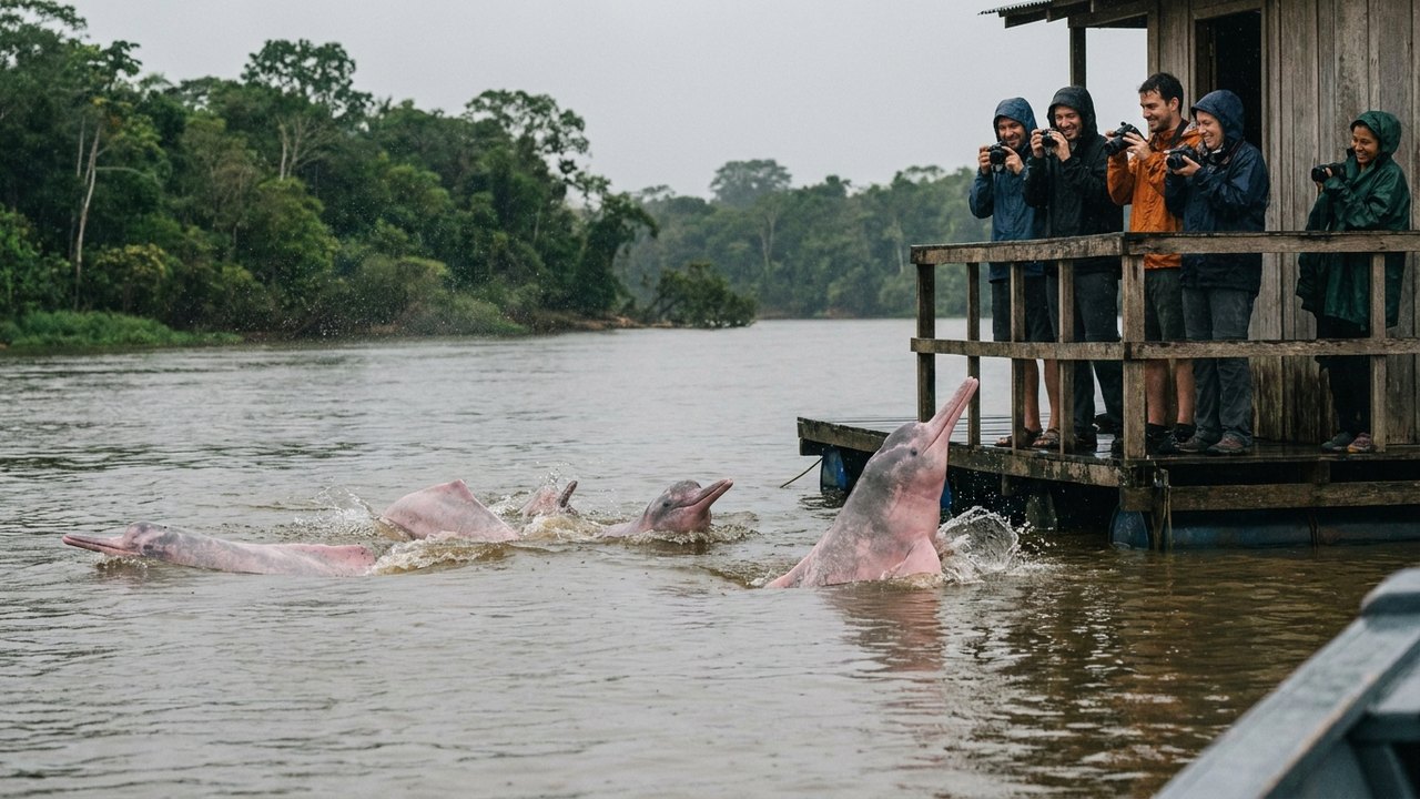 Botos-cor-de-rosa encantam em apresentação na água