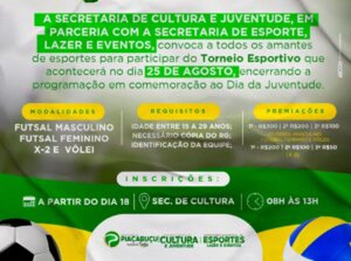 Abertas as inscrições para o Projeto Juventude no Esporte, em Piaçabuçu
