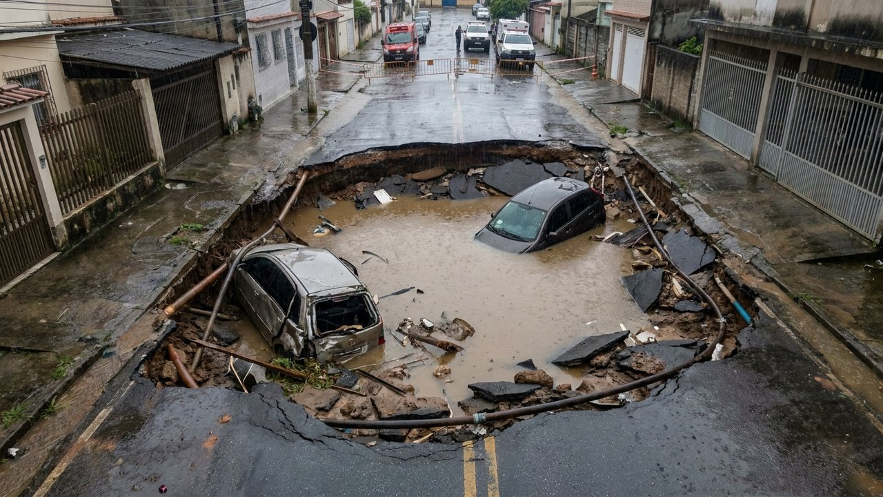 Chuva provoca abertura de cratera e 'engole' 2 carros em Barra Mansa