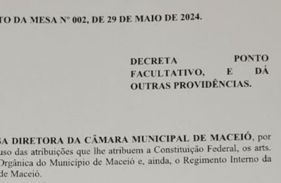 Mesa Diretora decreta ponto facultativo na próxima sexta-feira 31 de maio