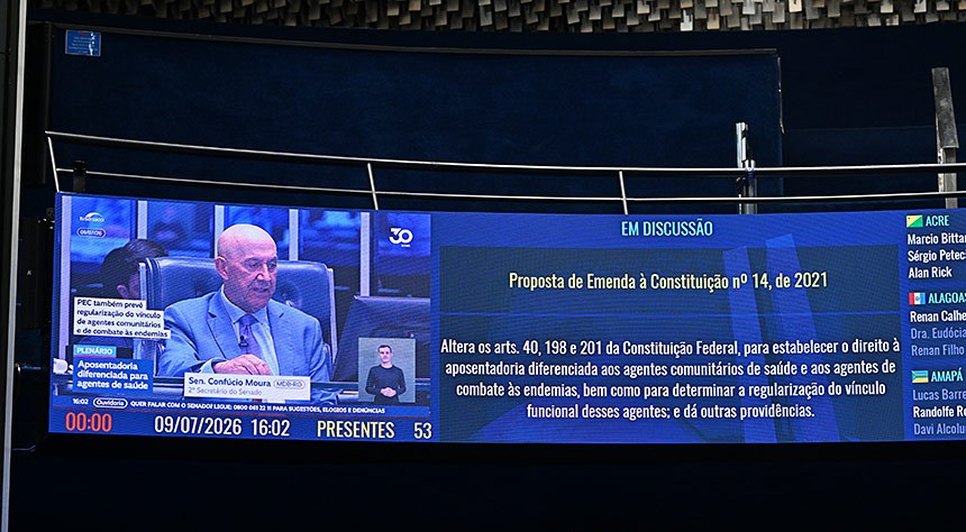 O painel registra a sessão de discussão da PEC, presidida por Confúcio Moura  / Foto: Ton Molina/Agência Senado 