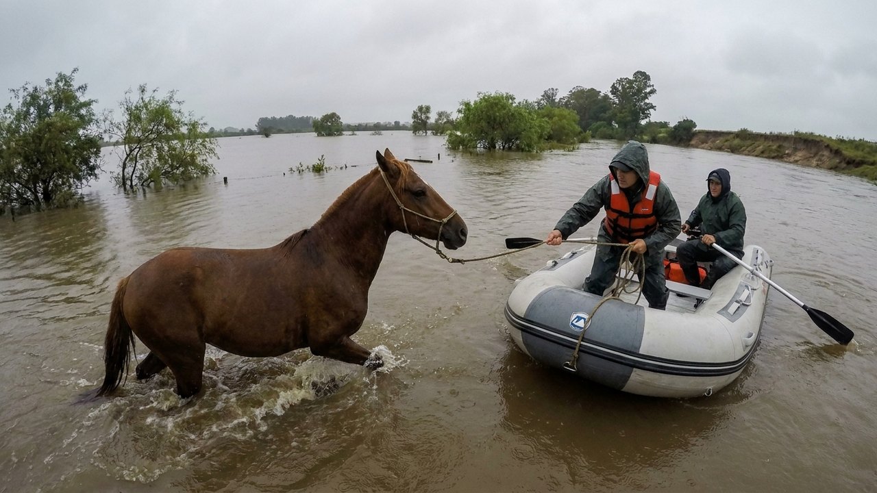 Resgate contra a correnteza: cavalo é salvo durante enchentes no Uruguai