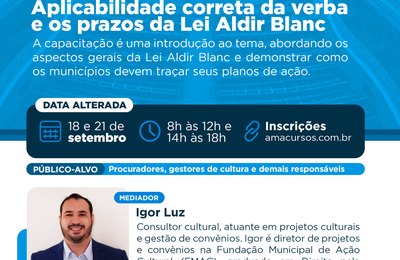 AMA prorroga inscrições para conferência online sobre Lei Aldir Blanc Cursos
