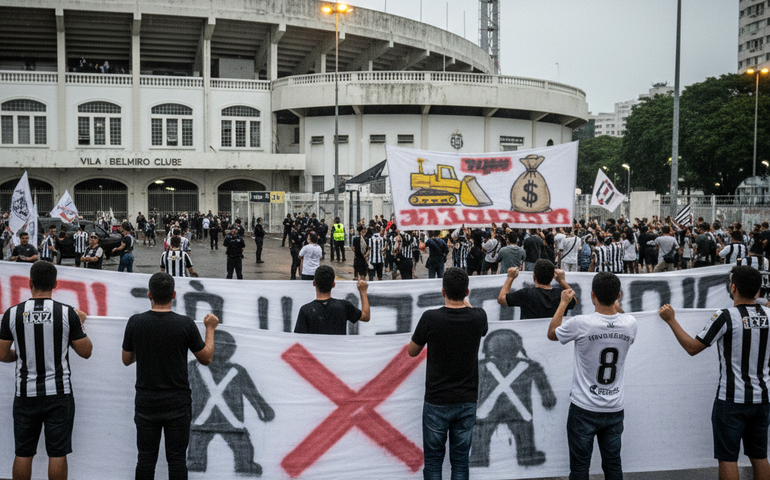 Torcedores do Santos estendem faixas de protesto contra diretoria e gestão