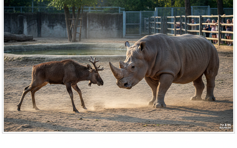 Alce e rinoceronte protagonizam confronto em zoológico na Polônia