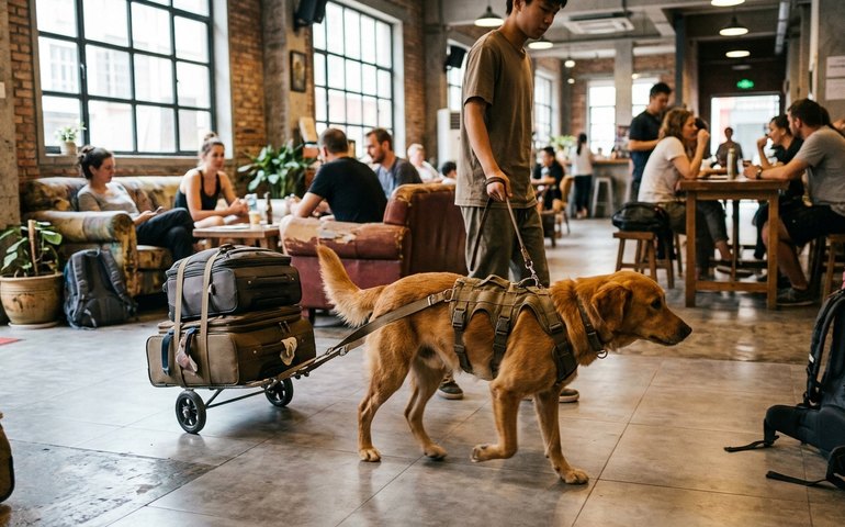 Serviço inovador na China: cachorro auxilia no transporte de bagagens em hostel