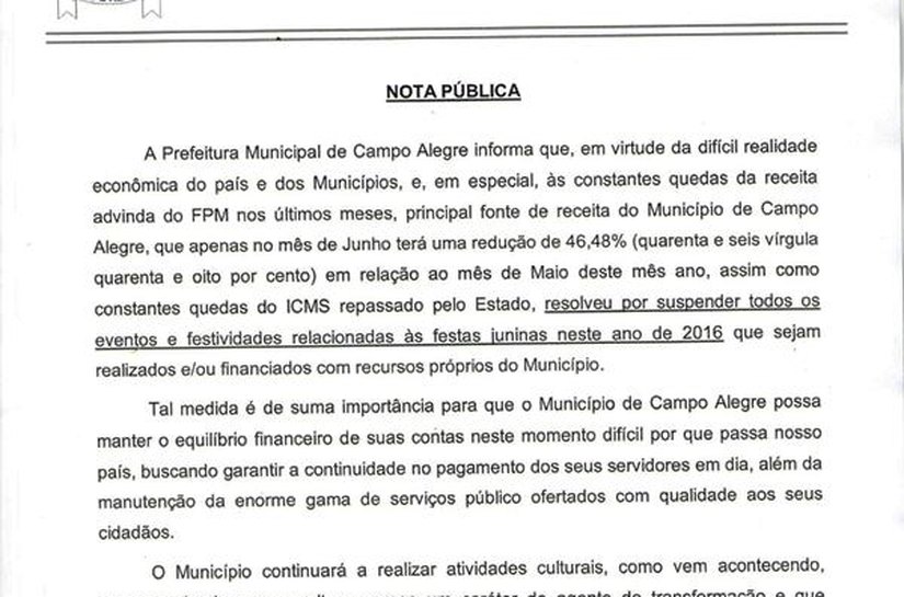 Crise leva prrfeitura de Campo Alegre a suspender realização de festejos juninos