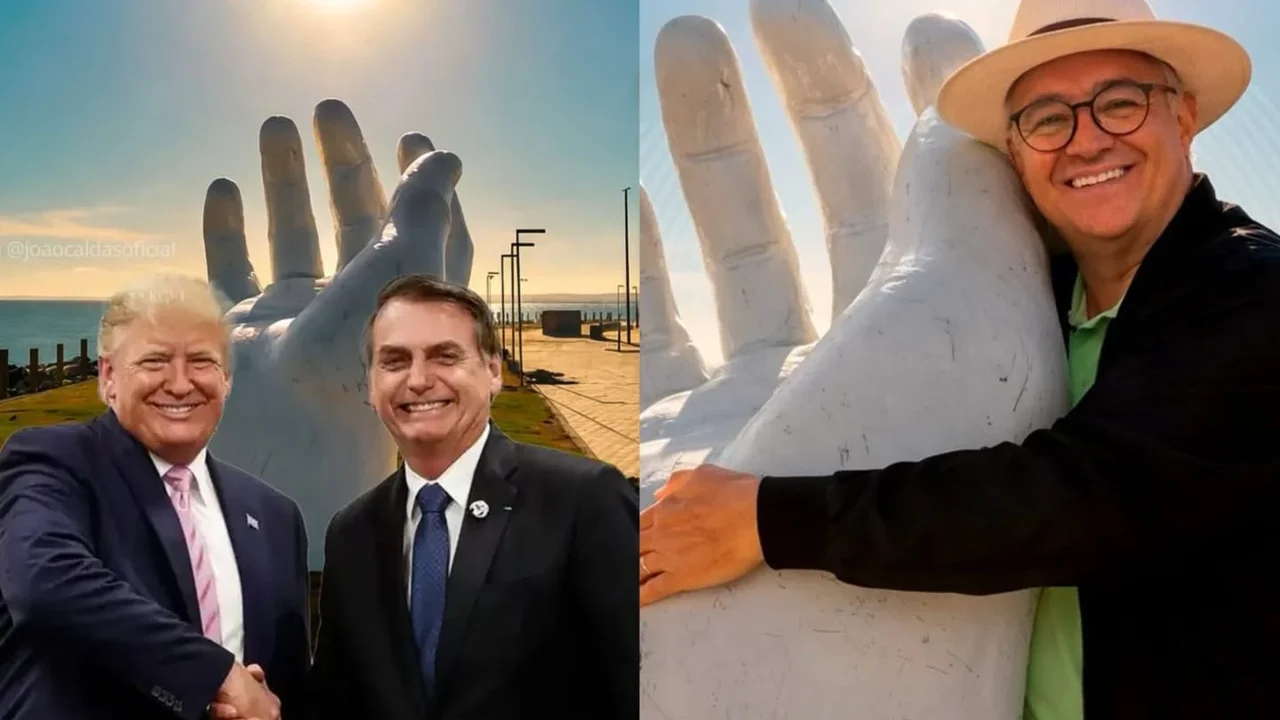 Mão grande na orla? Escultura divulgada por João Caldas, pai de JHC ao lado de figuras da extrema direita acende polêmica em movimentos sociais