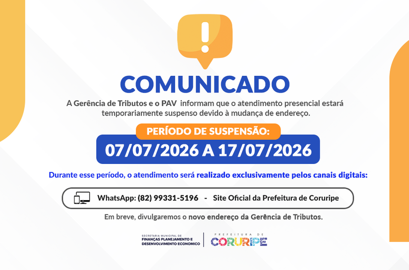 Coruripe: Gerência de Tributos suspende atendimento presencial temporariamente durante mudança de endereço