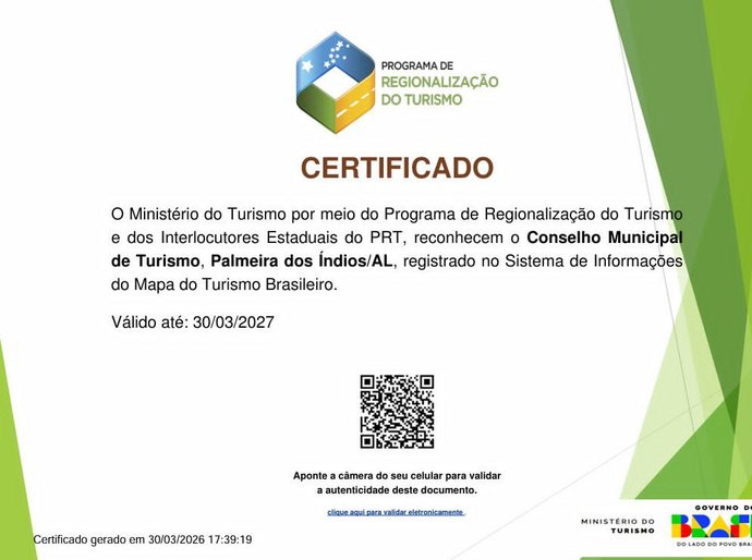 Palmeira conquista certificação do Ministério do Turismo e fortalece atuação regional no Agreste alagoano