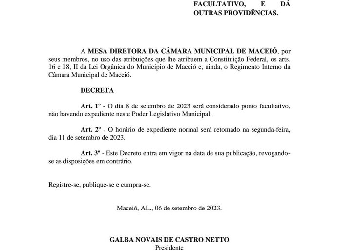 Ato da Mesa Diretora da Câmara Municipal de Maceió define ponto facultativo na sexta 8 de setembro
