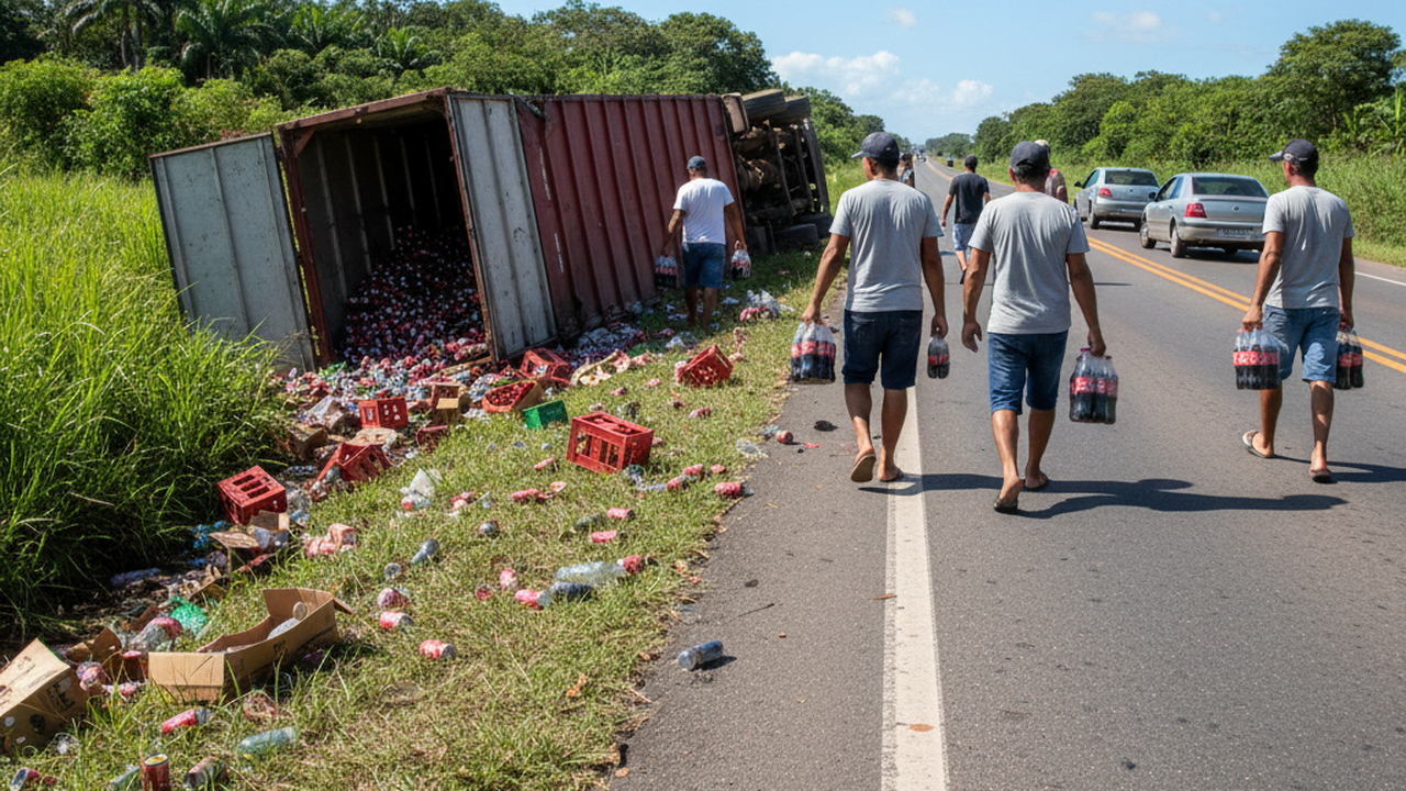 Caminhão carregado com refrigerantes da marca Coca Cola tomba na BR-101 em Porto Real do Colégio