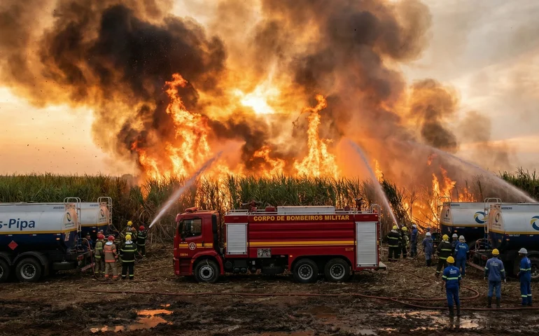 Incêndio criminoso em canavial de Pilar atinge rede de alta tensão e mobiliza força-tarefa de usinas e bombeiros