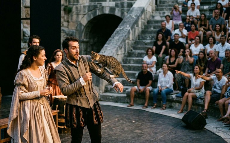 Gato invade palco de 'Romeu e Julieta', mordisca ator brasileiro e rouba a cena na Turquia