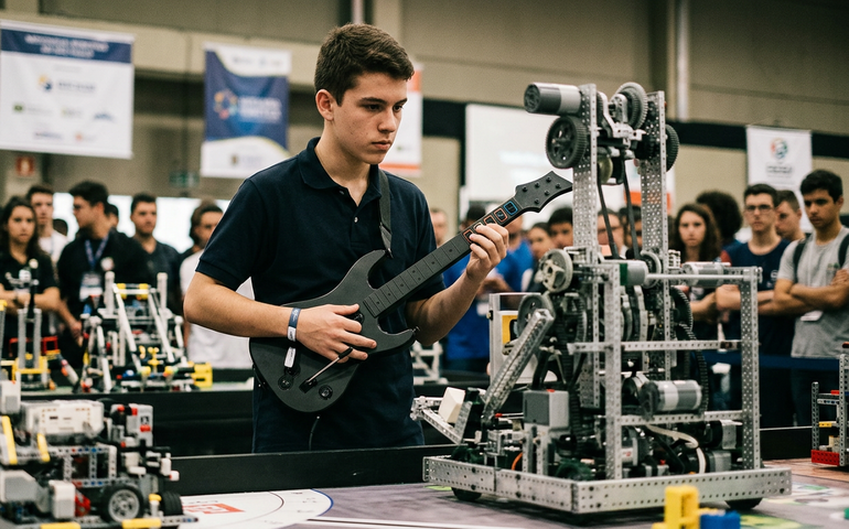 Alunos do Sesi criam máquina controlada a partir de guitarra gamer para torneio nacional de Robótica
