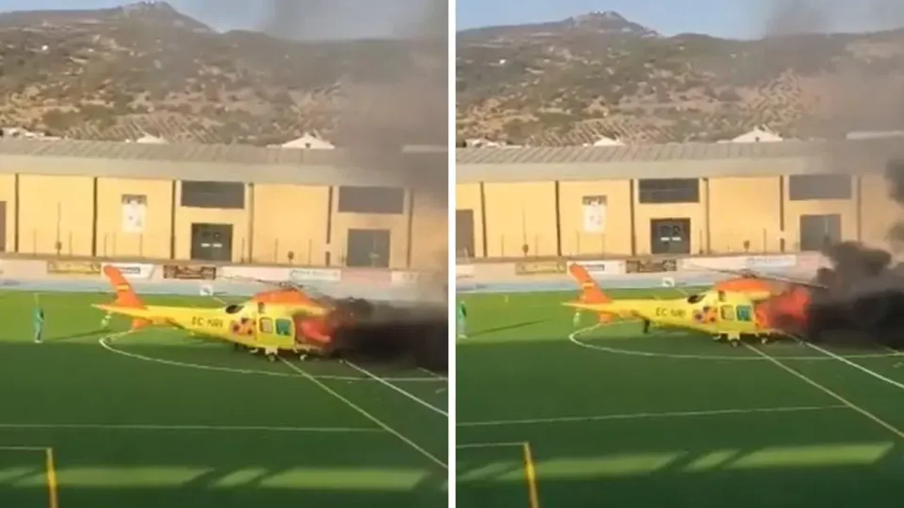 Na Espanha, 3 pessoas ficam feridas após helicóptero que transportava paciente pegar fogo