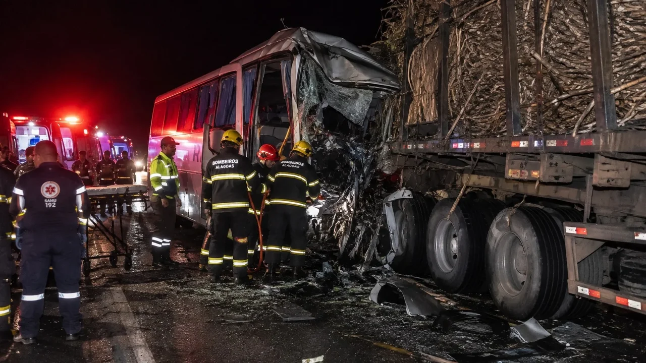 Acidente com ônibus universitário e caminhão deixa um morto e 11 feridos em Alagoas