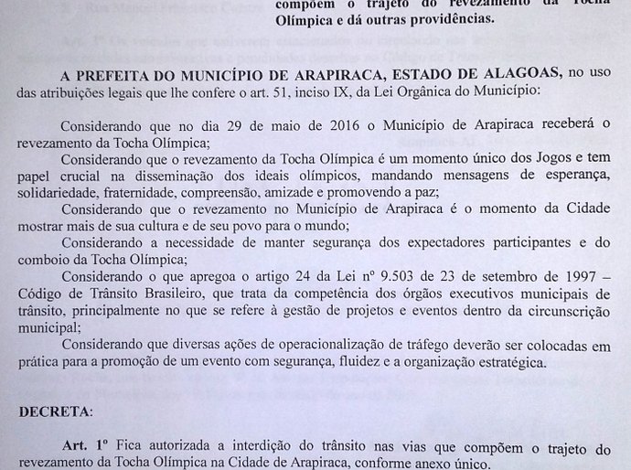 Decreto oficializa rota da passagem da Tocha em Arapiraca