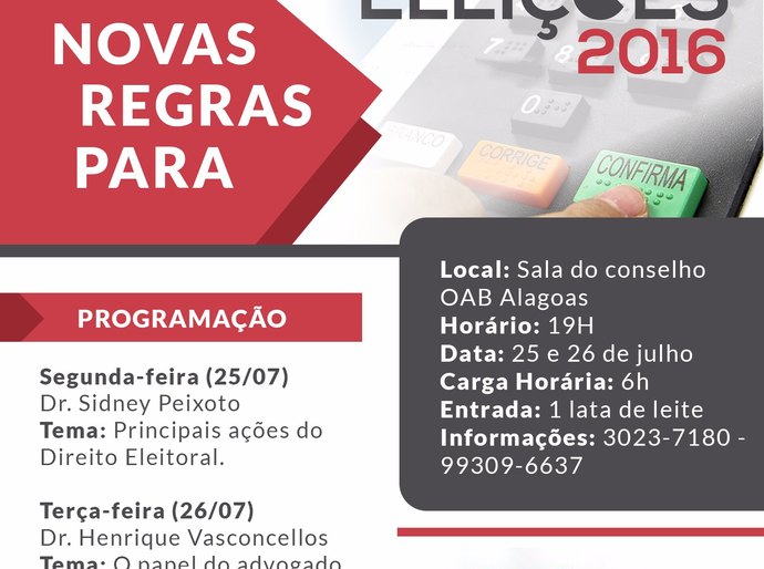 ESA realiza curso que debaterá sobre as novas regras eleitorais dias 25 e 26/7