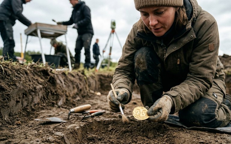‼ Desenterram na Noruega antiga folha de ouro com imagem estampada de homem e mulher