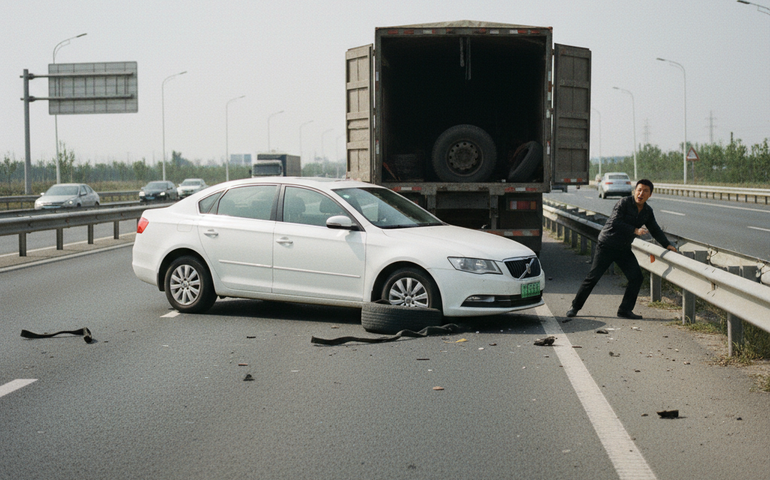 Carro 'bem-educado' colide com pneu perdido e devolve-o ao caminhão na China
