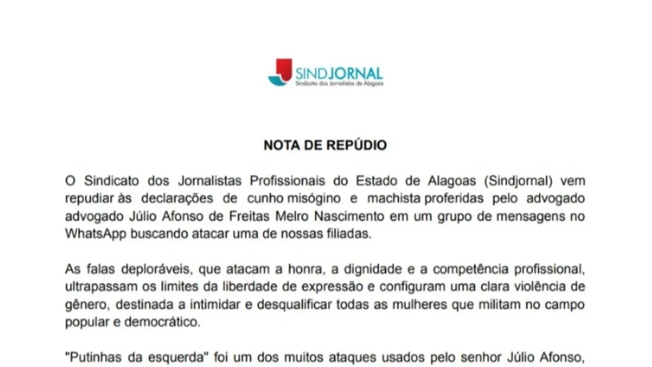 Sindjornal repudia ataques misóginos de advogado contra jornalista e aciona OAB-AL