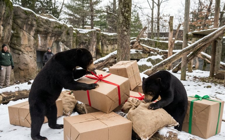 Filhotes de urso-malaio se divertem com presentes natalinos no Zoológico de Moscou