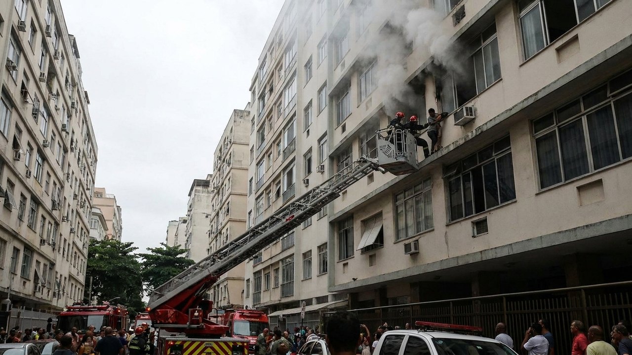 Com apartamento em chamas, mulher é socorrida após se abrigar em parapeito de prédio em Copacabana