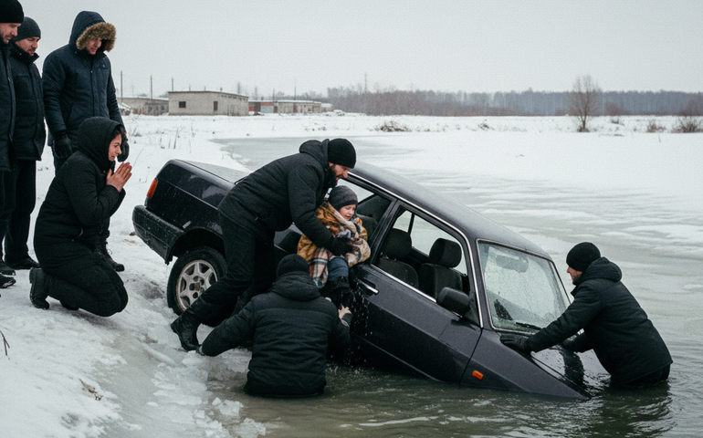 Moradores salvam criança de carro submerso em canal gelado na Rússia