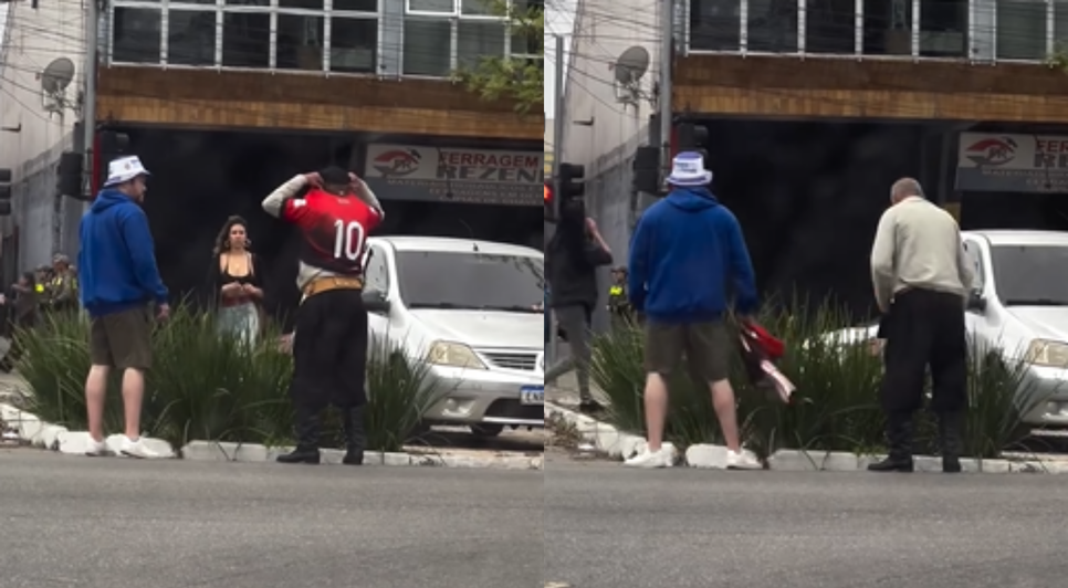 Torcedor é flagrado coagindo idoso apoiador do time rival a entregar a camisa