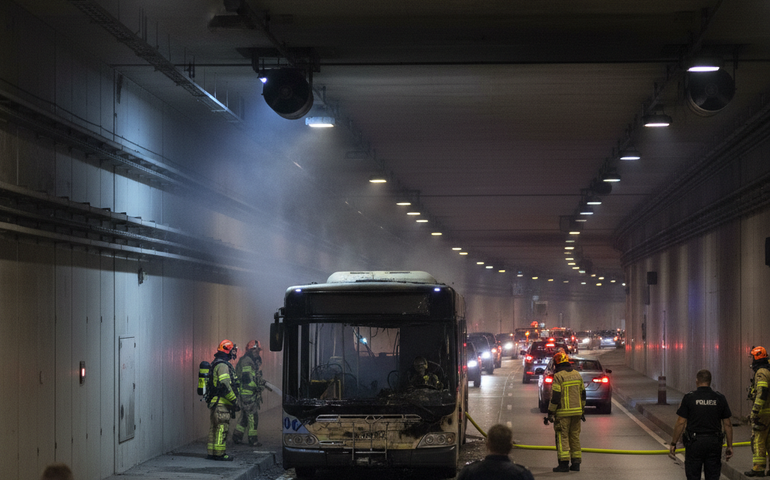 Incêndio em ônibus interdita parcialmente o Túnel Marcello Alencar, no Centro do Rio