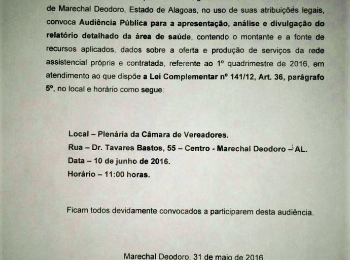 SMS faz audiência para prestação de contas do 1º quadrimestre/2016
