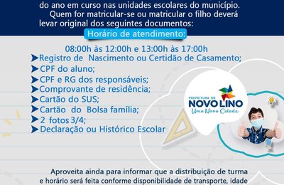 Secretaria de Educação de Novo Lino inicia na segunda matrículas na rede municipal de ensino 